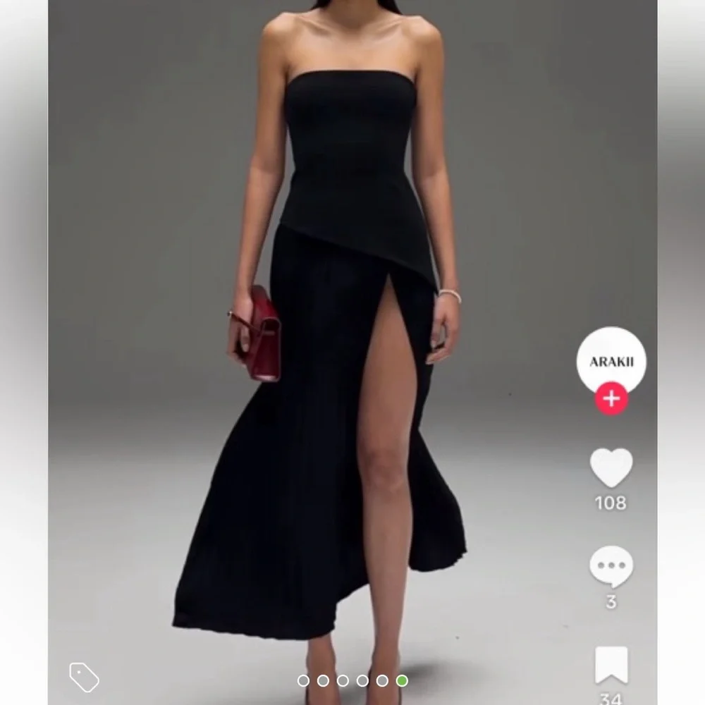 ARAKII Pleated Slit Dress Black Maxi Strapless Bandeau Dress - Picture 8 of 8